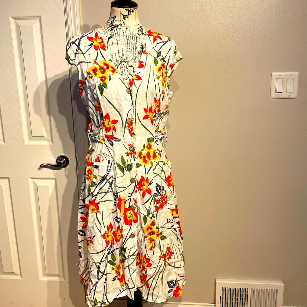 NWOT Alessia Pacini 100% Linen Floral Overlay Belt Coastal Western vibrant dress